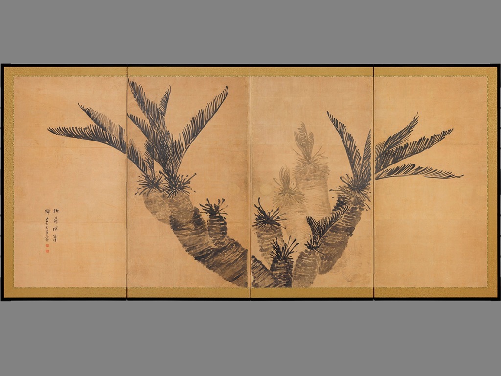 Sago Palm Tree (ink on paper) by Yosa Buson, on a four-panel folding screen pair; accompanied by Kanzan and Jittoku (ink wash on paper), Landscape (ink wash on paper), Landscape (ink wash on paper), Jurojin, God of Longevity (ink wash on paper), and Bamboo (ink on paper)